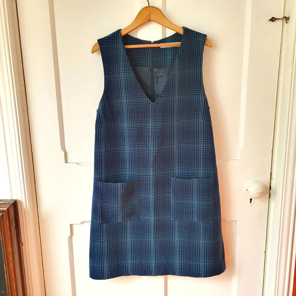 TWIK Plaid Pinafore Dress Navy Blue Teal Academia Layering Jumper Dress Small - Picture 4 of 14